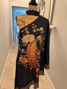 CBR One-Shoulder Navy Dress with Multicolor Hem Trim